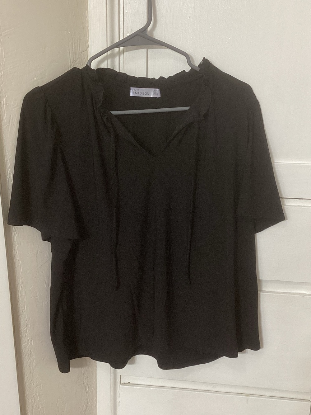 Madison Black Ruffle Tie Short Sleeve Blouse